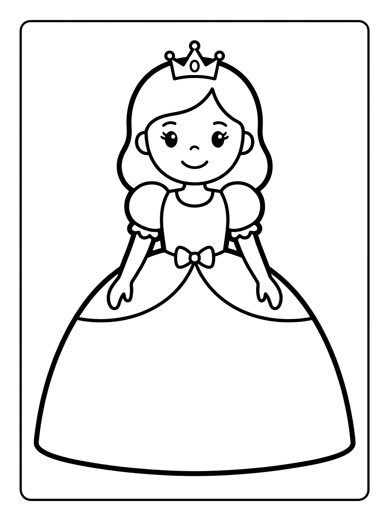 Smiling cartoon princess with a crown, long wavy hair and a big puffy gown with a bow, princess coloring page