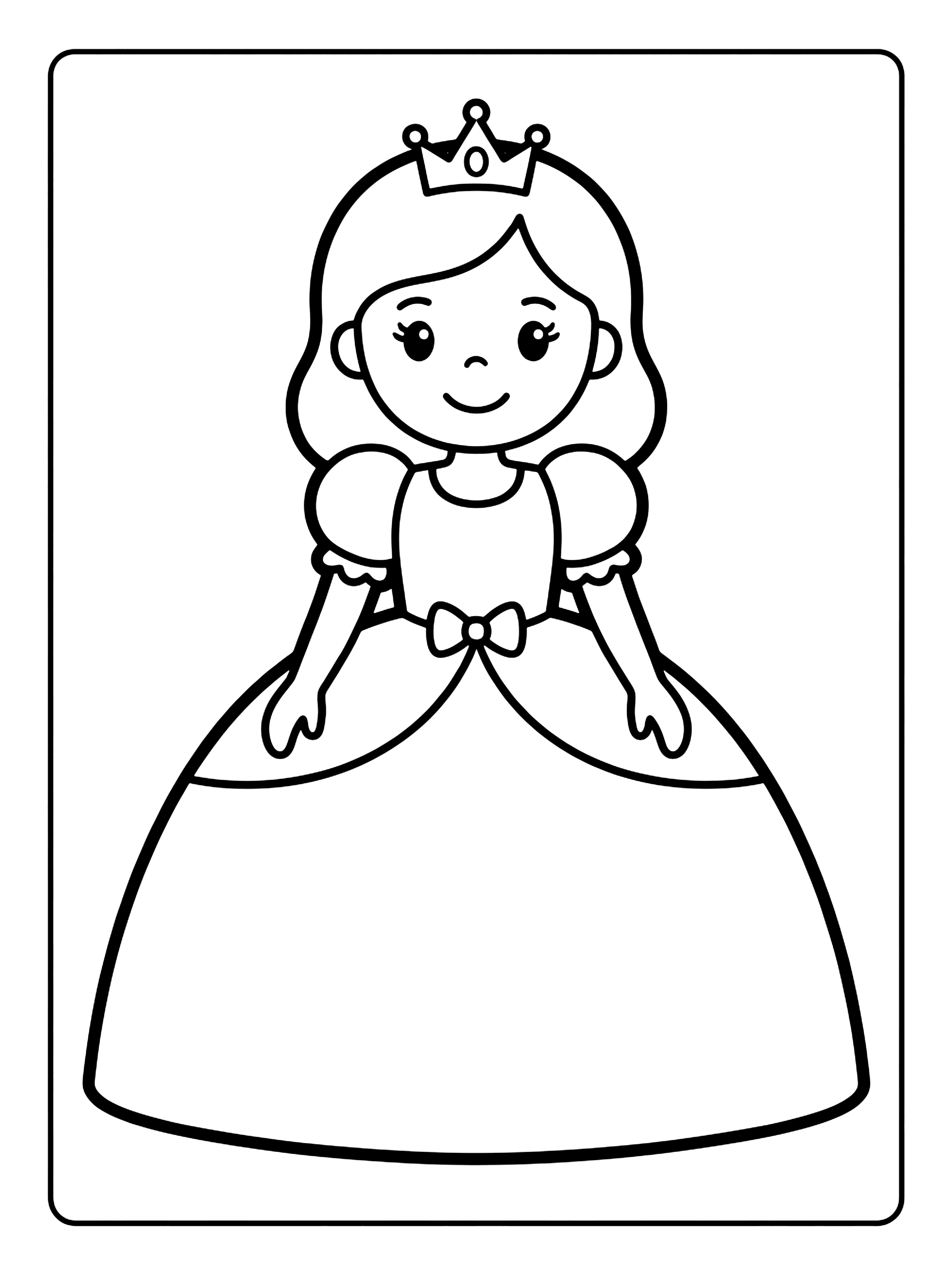 Smiling cartoon princess with a crown, long wavy hair and a big puffy gown with a bow, princess coloring page