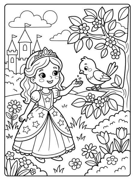 Smiling princess with a tiara holding out her hand to a small bird on a branch, castle and, princess color coloring page