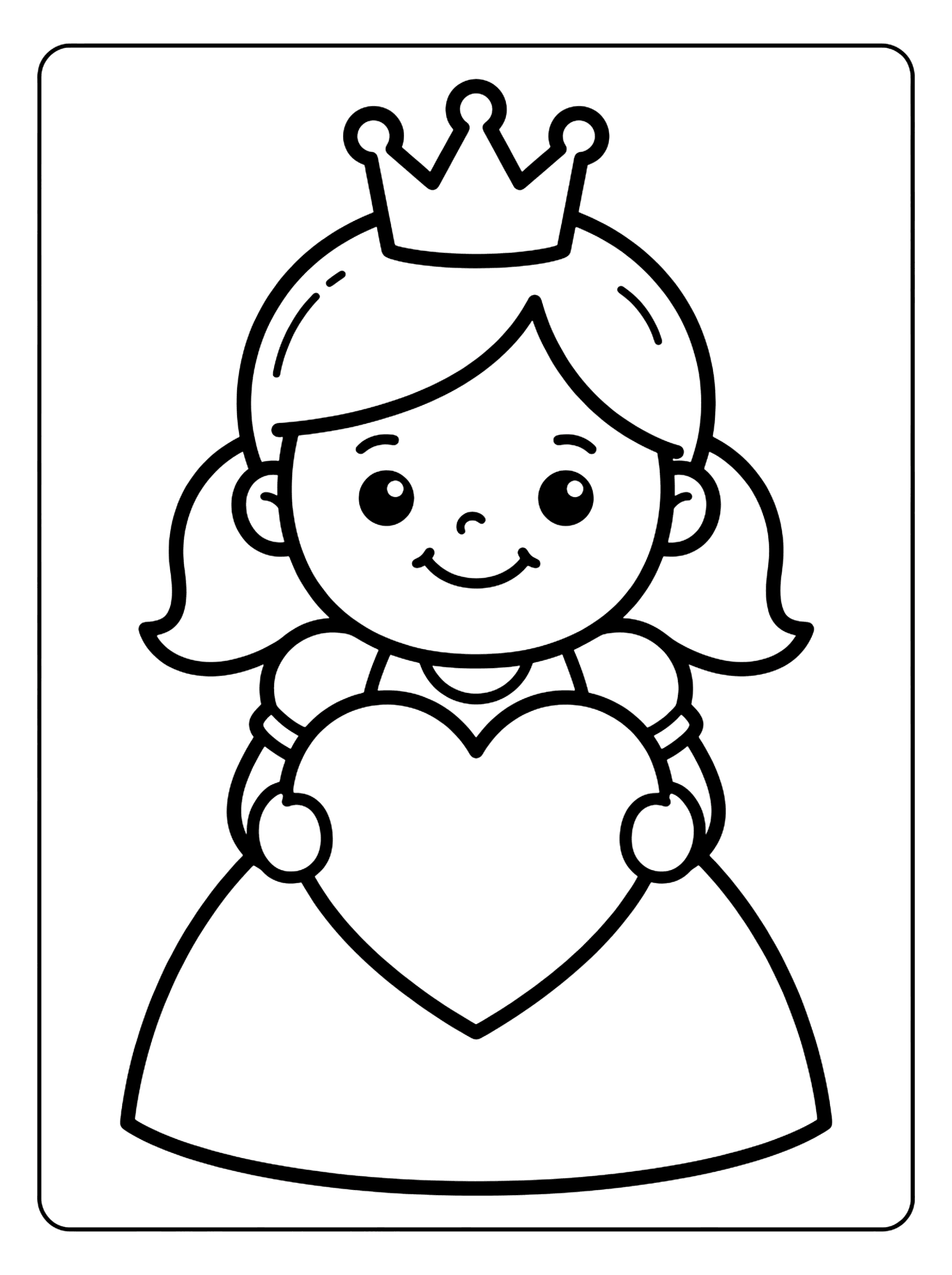 Smiling cartoon princess with a crown and pigtails holding a large heart in front of her dress, princess coloring page