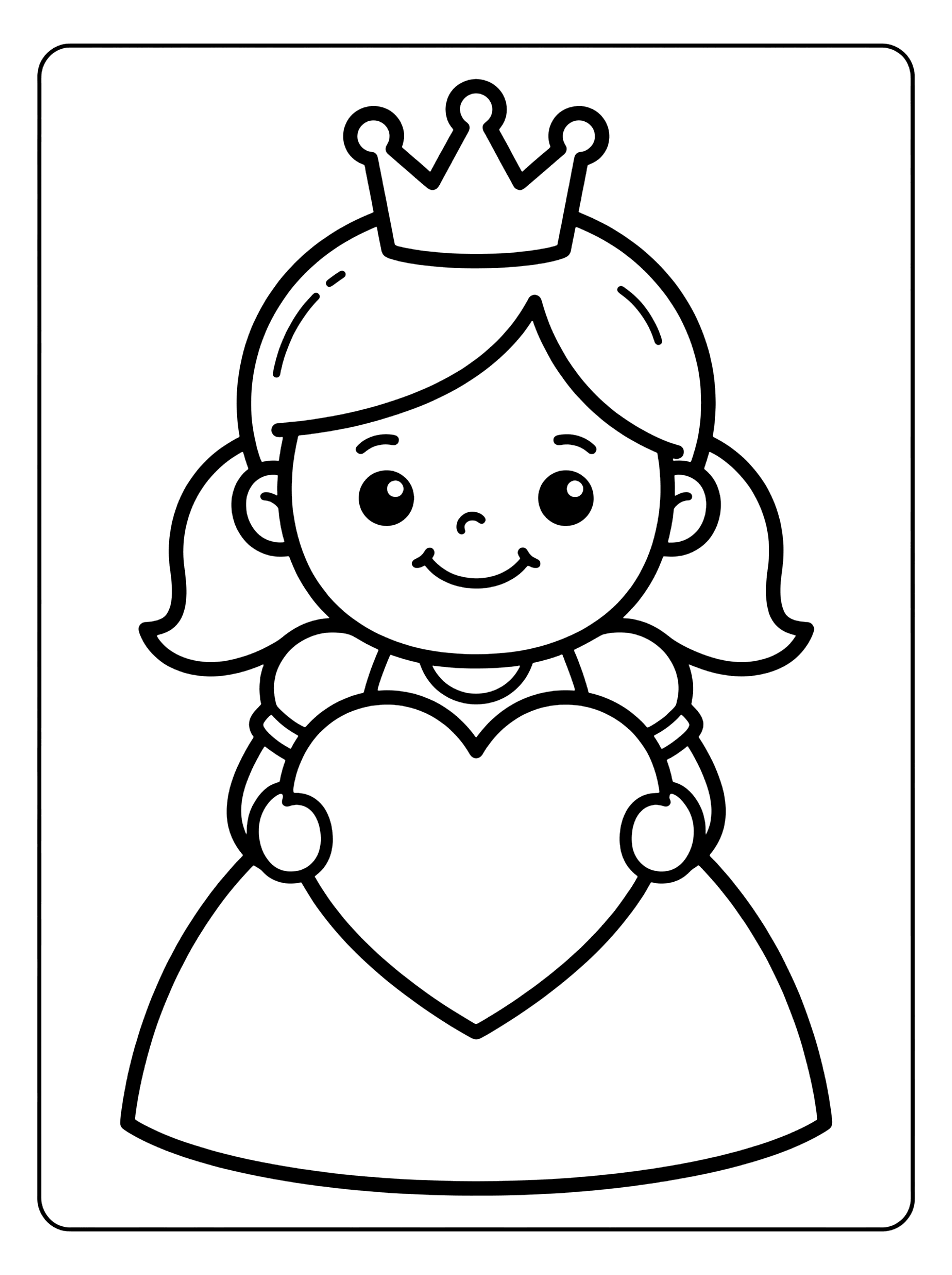 Smiling cartoon princess with a crown and pigtails holding a large heart in front of her dress, princess coloring page