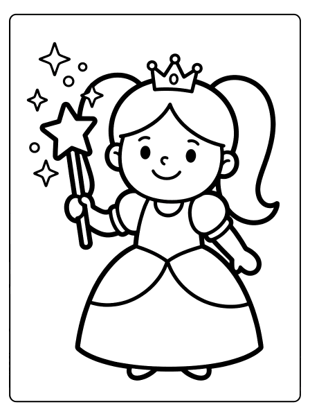 Smiling cartoon princess with a crown and ponytails holding a star wand surrounded by sparkles, princess coloring page