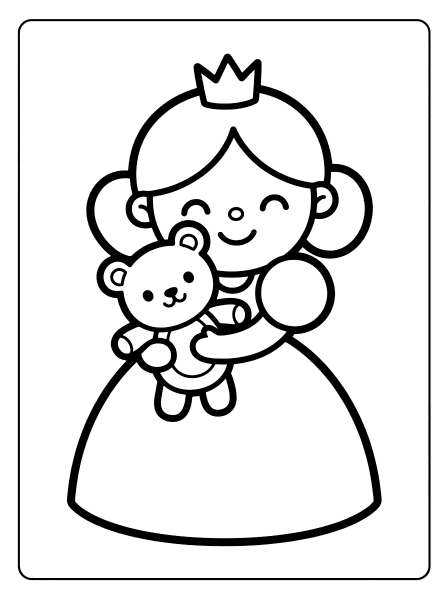 Smiling cartoon princess wearing a crown and hugging a teddy bear in a big dress, princess coloring page