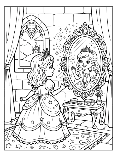 Princess in a tiara and star gown looking in an ornate mirror as her reflection waves, princess coloring page