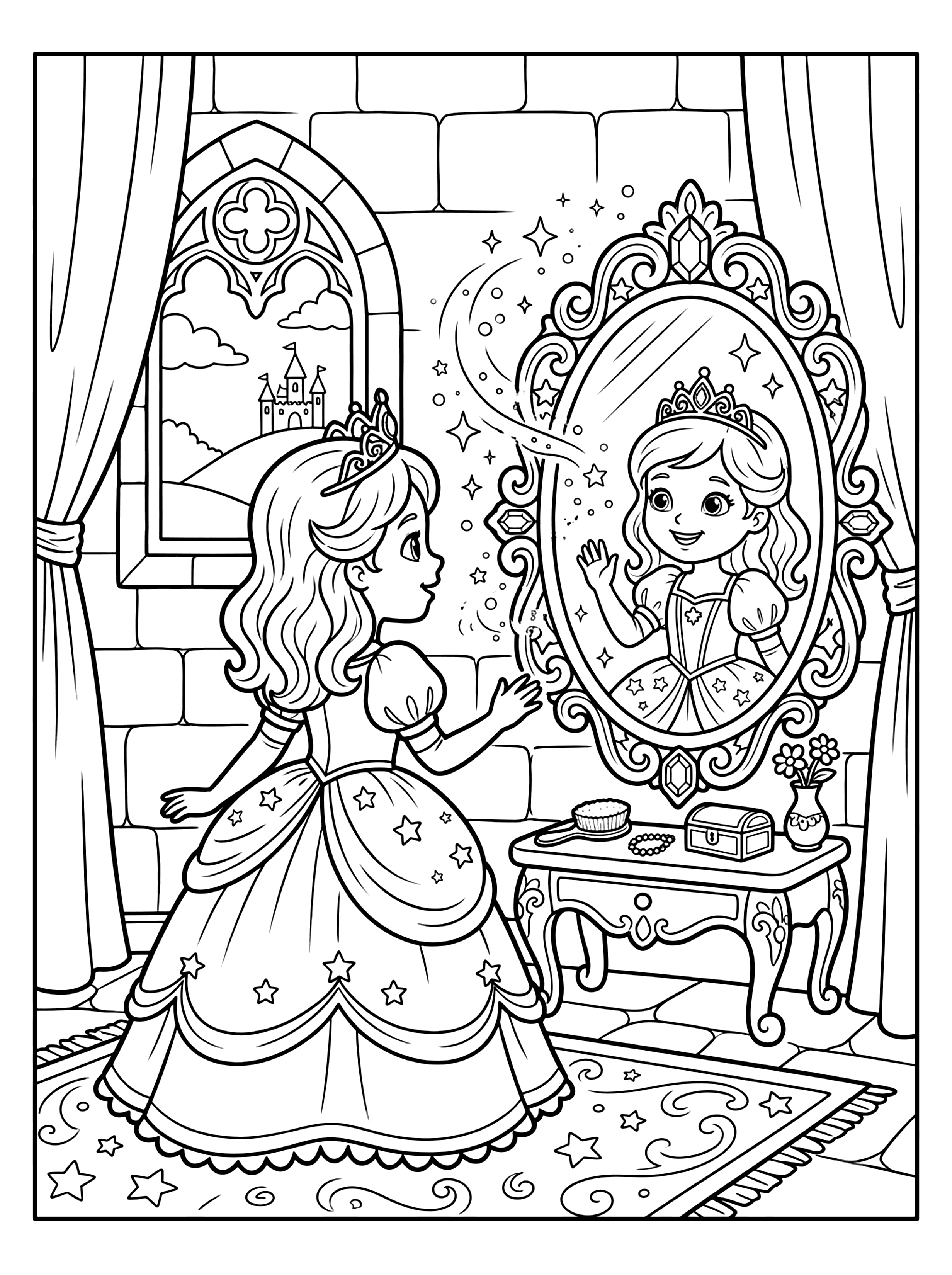 Princess in a tiara and star gown looking in an ornate mirror as her reflection waves, princess coloring page