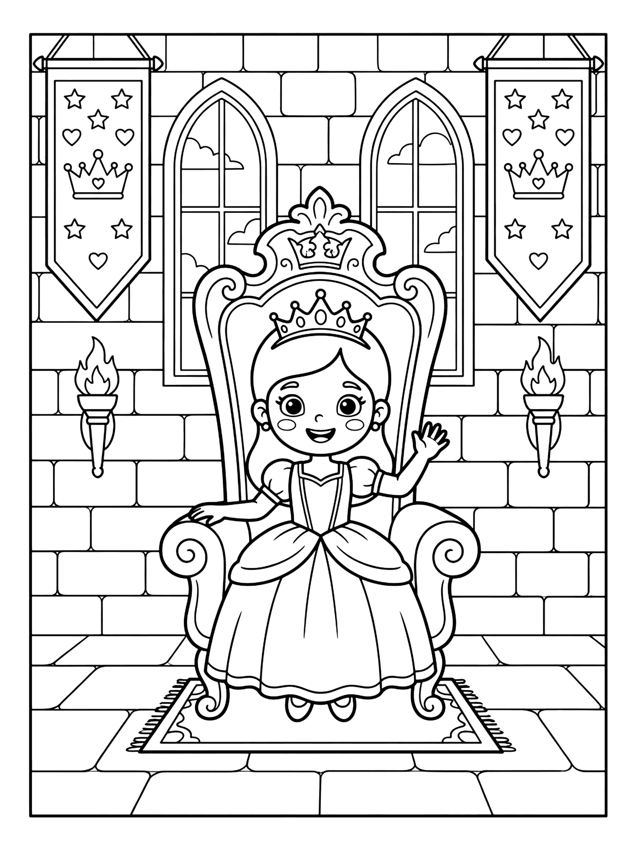 Smiling cartoon princess with a tiara waving from a tall throne in a stone castle hall, princess coloring page