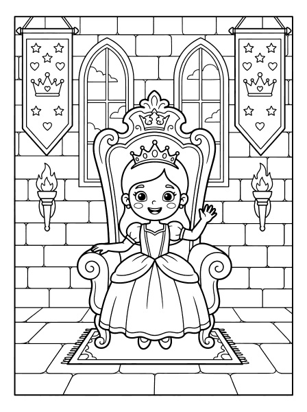 Smiling cartoon princess with a tiara waving from a tall throne in a stone castle hall, princess coloring page