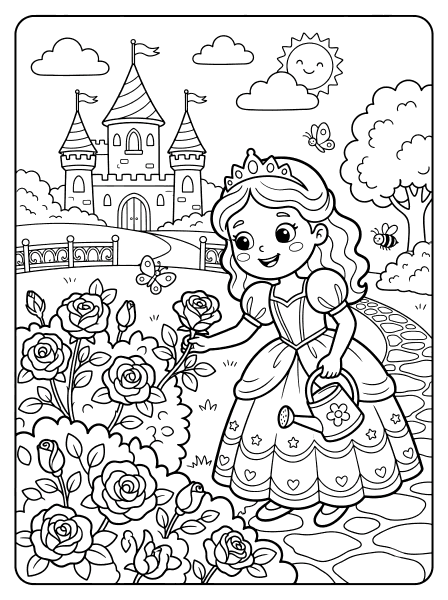 Cartoon princess with a tiara reaching for a rose, holding a flower watering can by a castle, princess coloring page