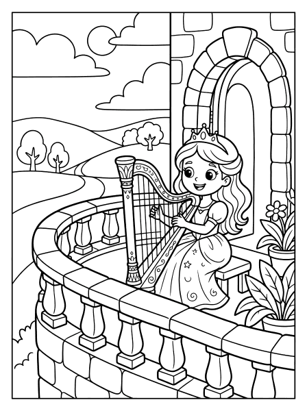 Smiling princess with a crown playing an ornate harp on a stone balcony, hills and clouds behind, princess coloring page