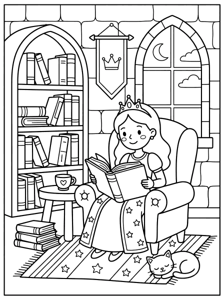 Crowned princess with long hair reading an open book in an armchair, sleeping cat on a star rug, princess coloring page