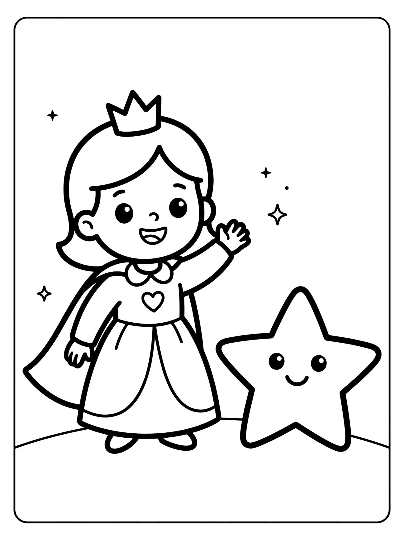 Smiling cartoon princess with a crown waving hello beside a smiling star, princess coloring page