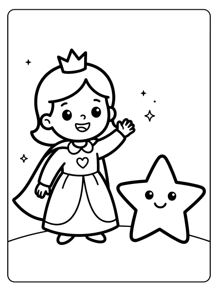 Smiling cartoon princess with a crown waving hello beside a smiling star, princess coloring page