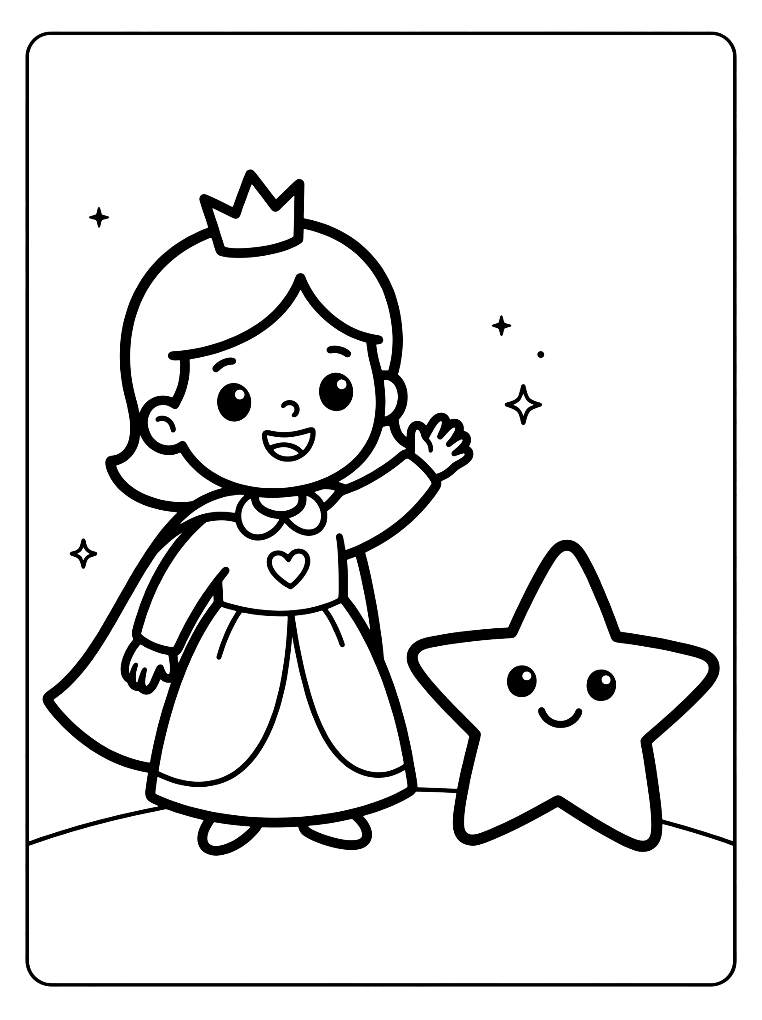 Smiling cartoon princess with a crown waving hello beside a smiling star, princess coloring page