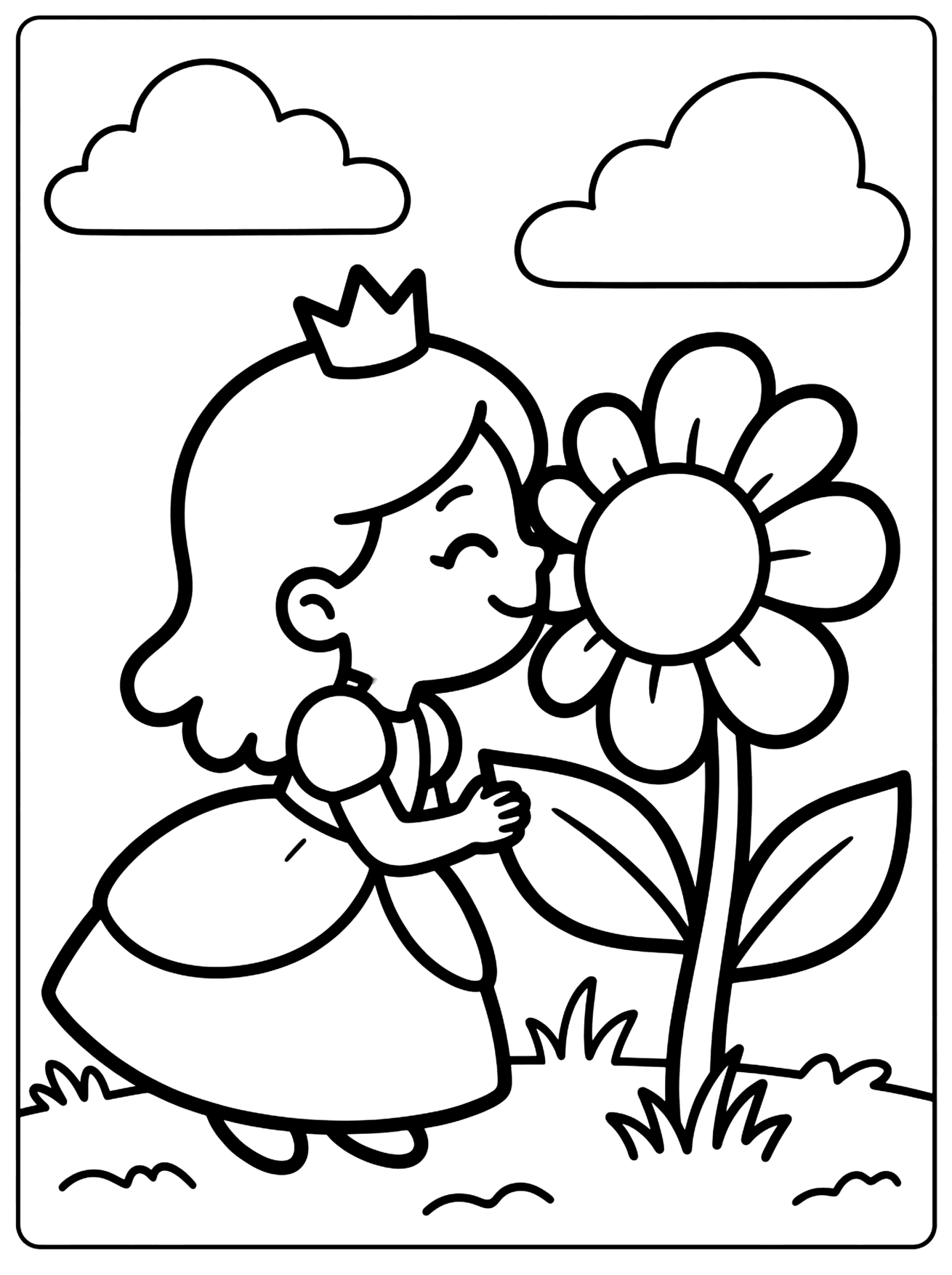 Smiling cartoon princess with a crown leaning in to smell a big daisy with leaves, princess coloring page