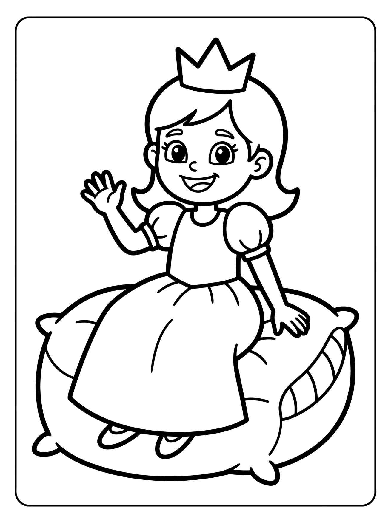 Smiling cartoon princess with a crown waving hello while sitting on a round pillow, princess coloring page