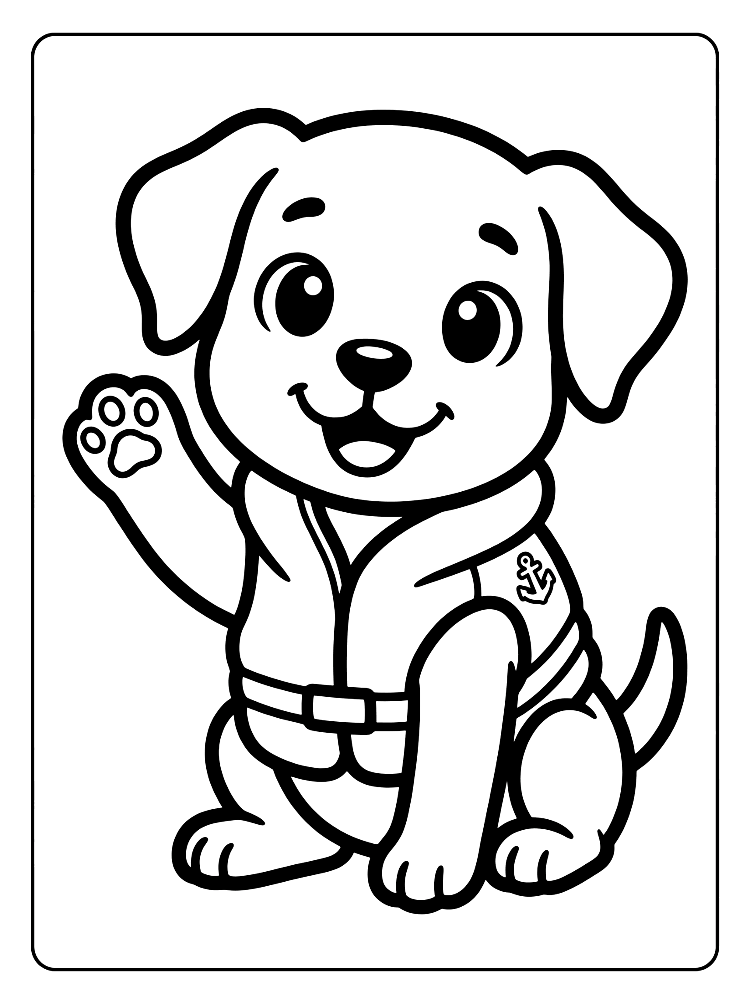 Smiling cartoon puppy waving one paw, wearing a vest with an anchor, paw patrol coloring page