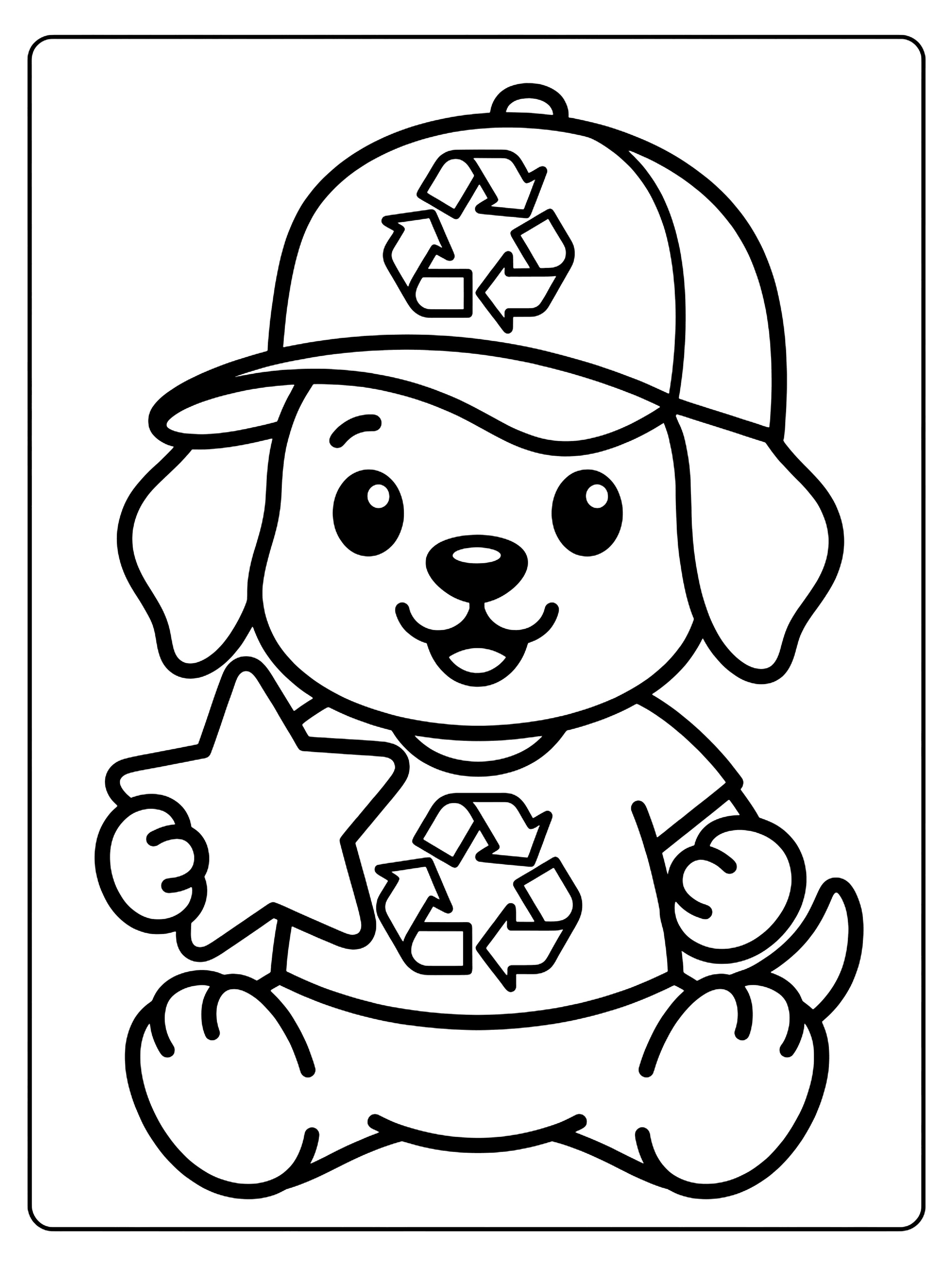 Smiling cartoon puppy in a baseball cap with recycling symbols, holding a big star in one paw, dog paw patrol coloring page