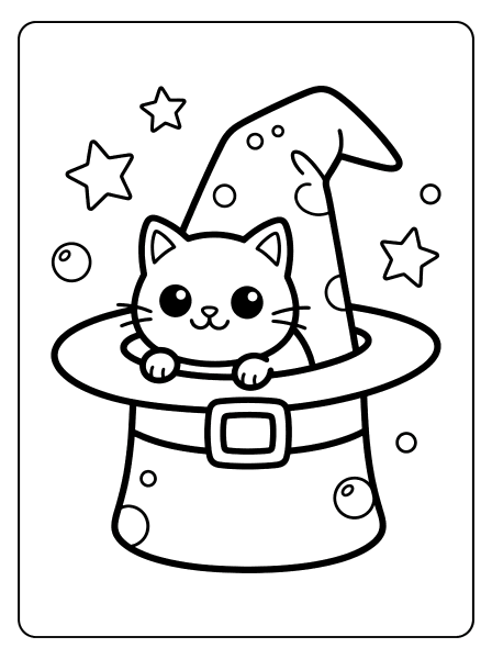 Outline drawing of a smiling cat peeking out of a tall witch hat with stars and bubbles, Halloween coloring page