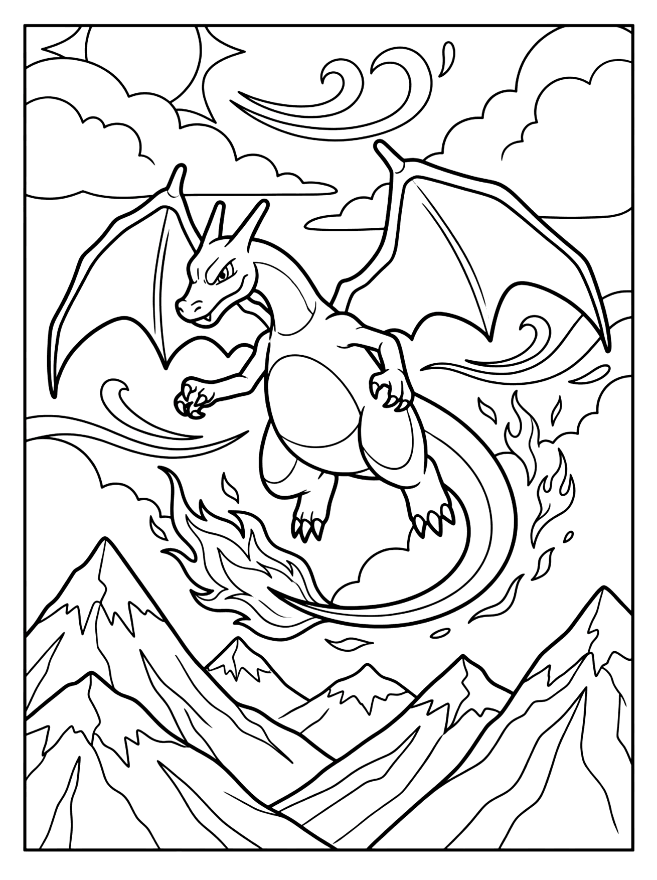 Charizard flying with spread wings and fiery tail above snowy mountains, pokemon coloring page