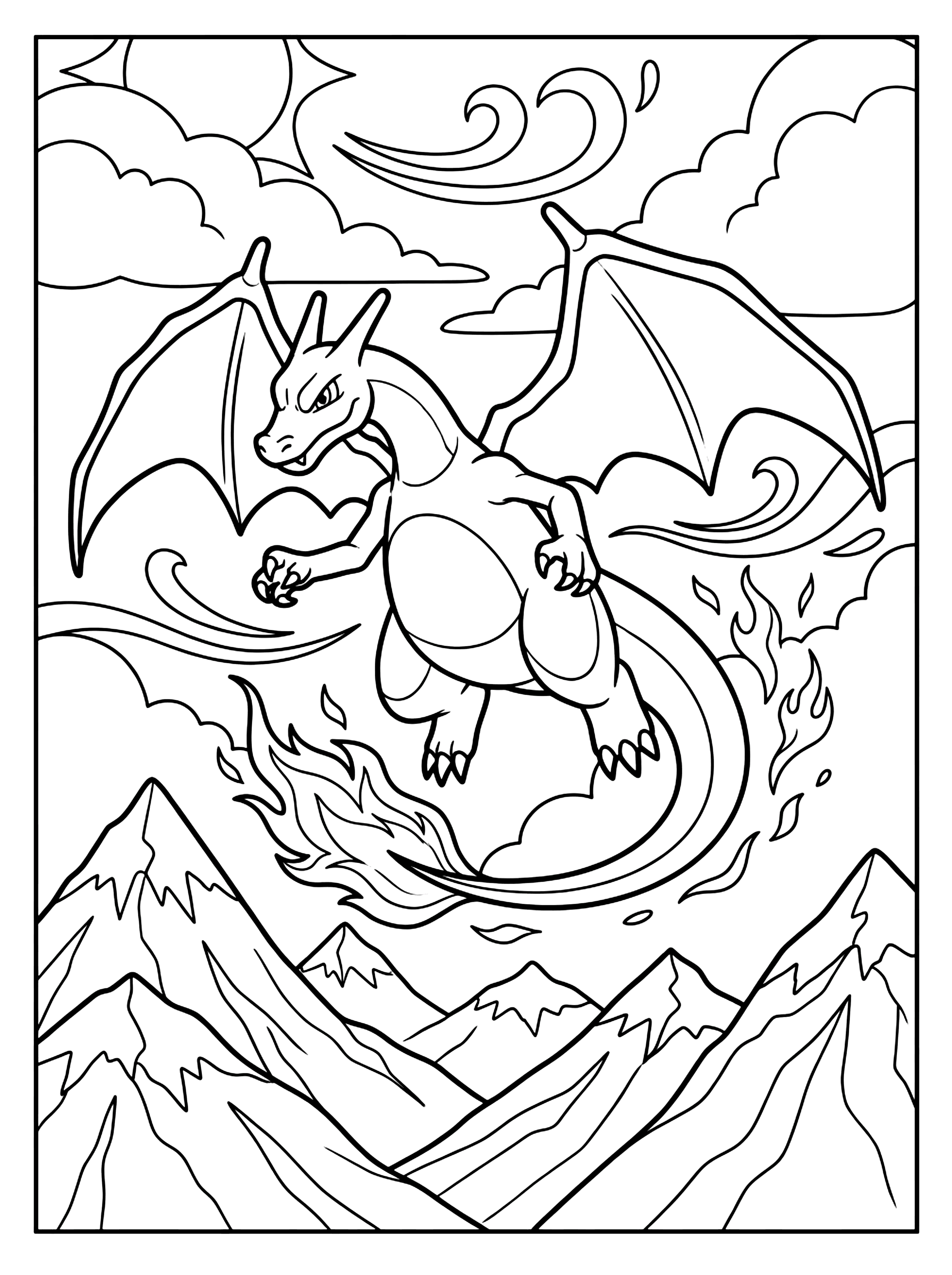 Charizard flying with spread wings and fiery tail above snowy mountains, pokemon coloring page