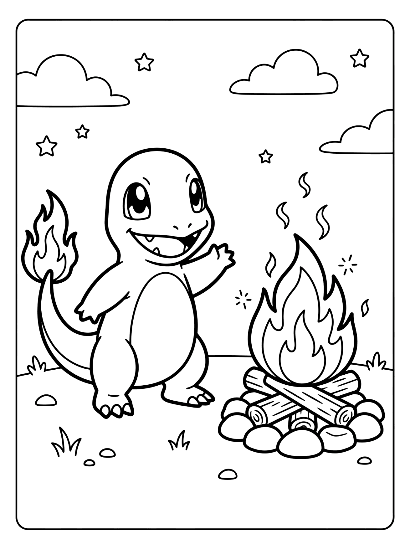 Smiling Charmander waving beside a crackling campfire with stars and clouds in the sky, pokemon coloring page