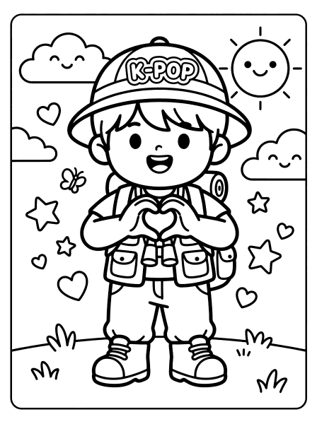 Chibi boy in a K-POP explorer hat making a heart with his hands, with sun, clouds and stars, kpop demon coloring page