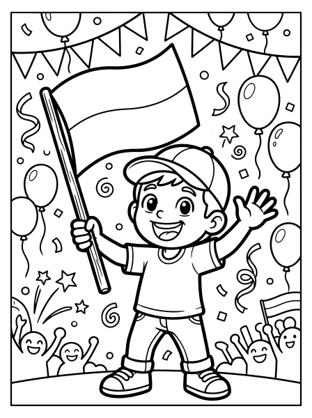 Smiling boy in a cap waving a flag on a pole, with balloons and cheering crowd, monaco flag coloring page