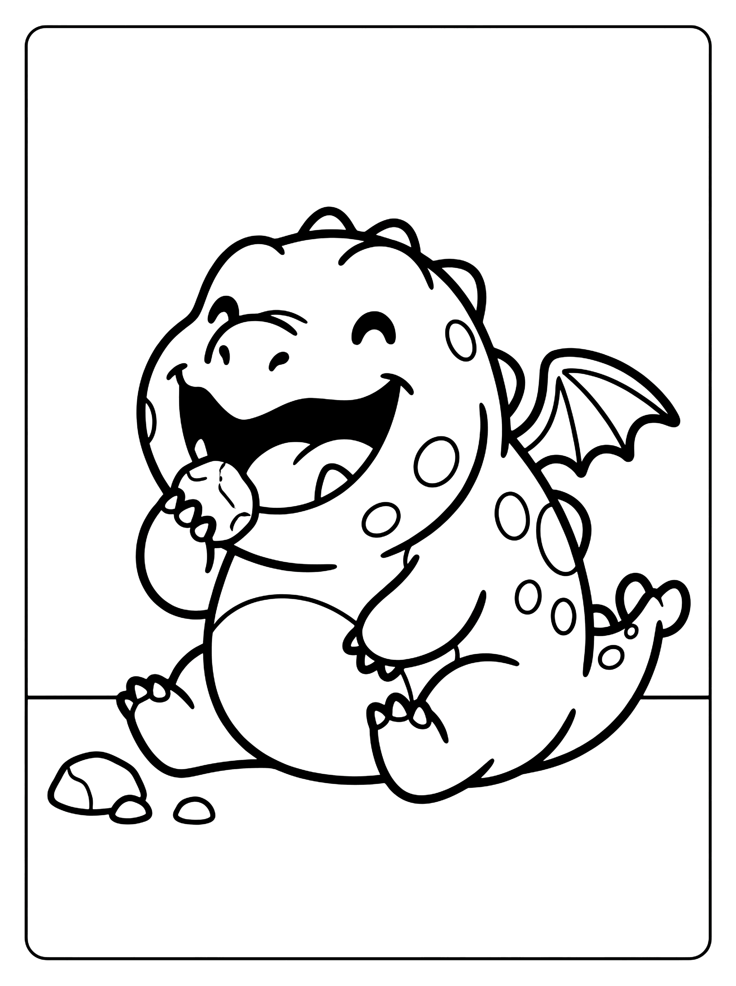 Cartoon chubby dragon laughing with mouth open and holding a rock, sitting on the, how to train your dragon coloring page