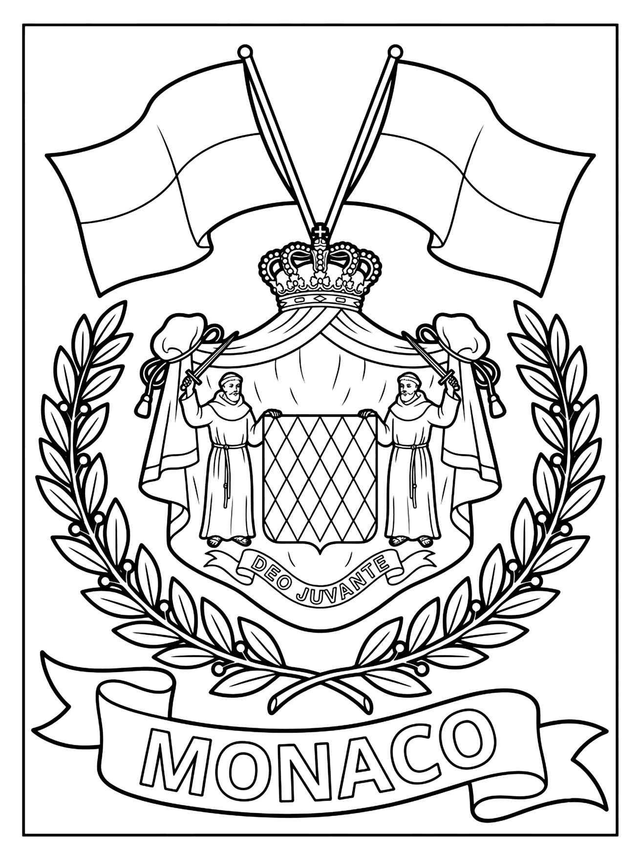 Monaco coat of arms with crown, two flags, two monks holding swords, laurel wreath, monaco flag coloring page