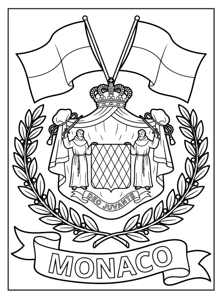 Monaco coat of arms with crown, two flags, two monks holding swords, laurel wreath, monaco flag coloring page