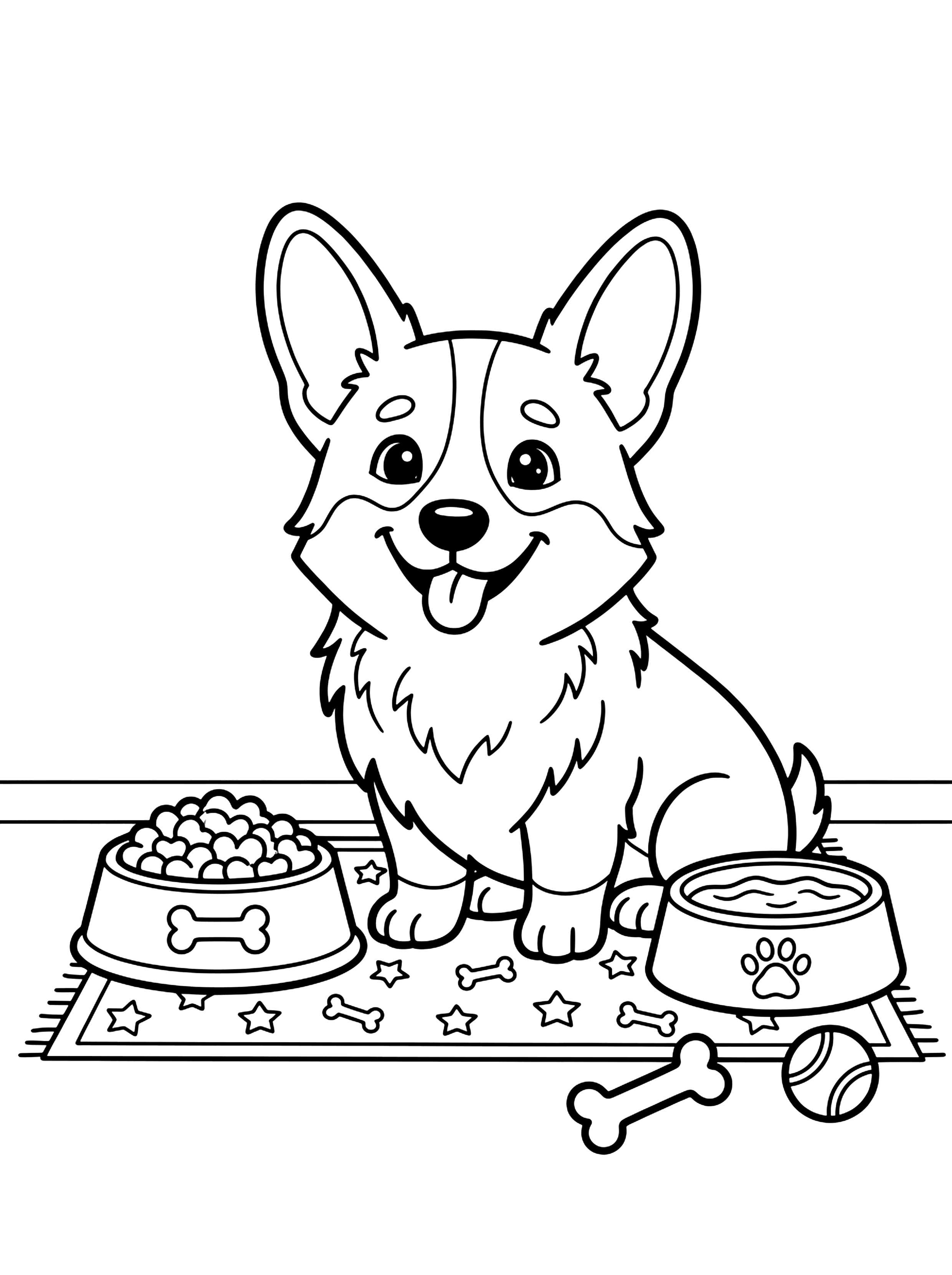 Corgi Sitting by Food Bowls dog coloring page for kids