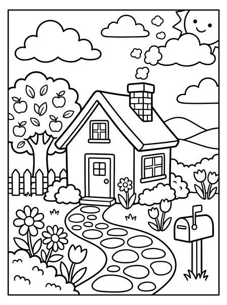 Black outline drawing of a cottage with an apple tree, stone path, flowers and sun, houses and buildings coloring page