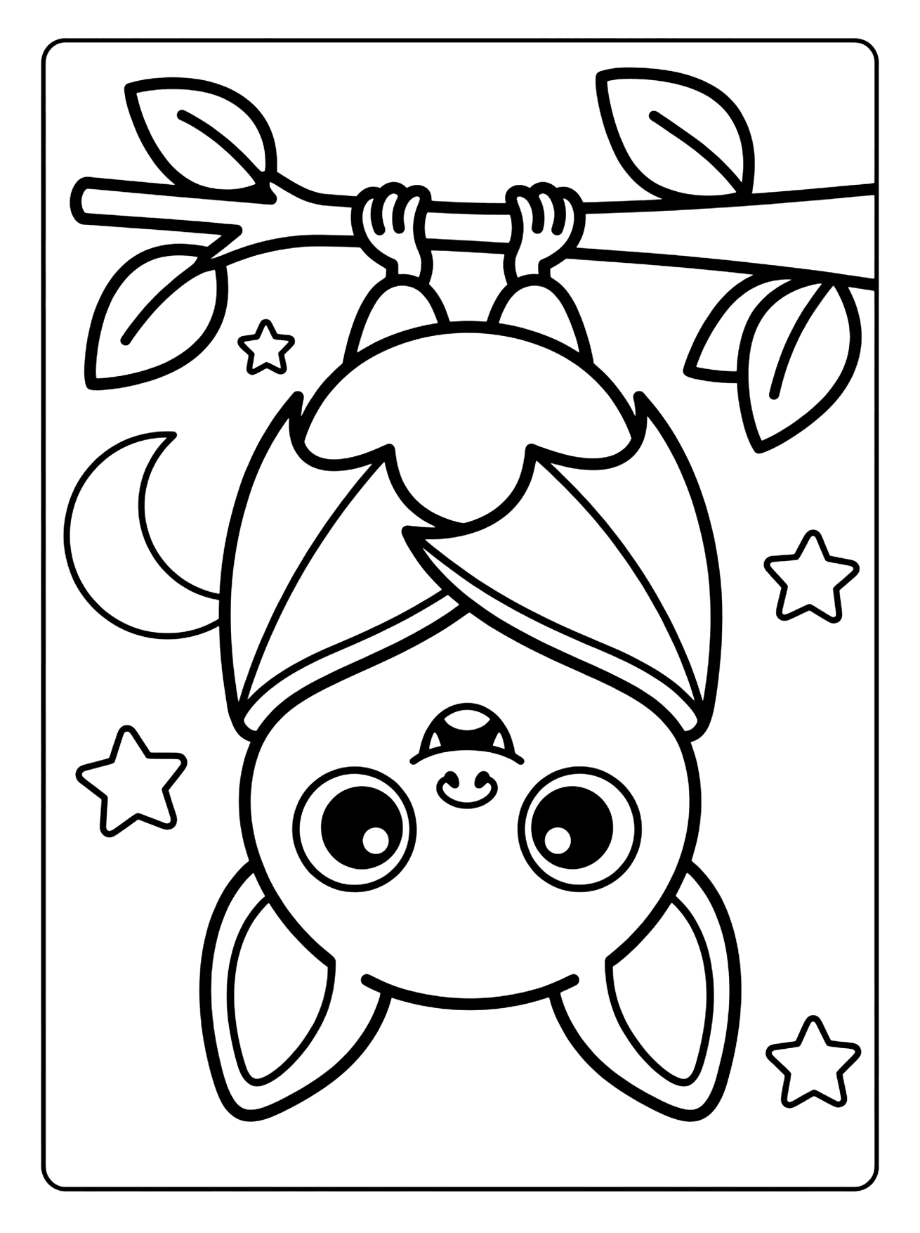 Black outline drawing of a cute bat hanging upside down from a branch, with a moon, stars and leaves. Halloween coloring page