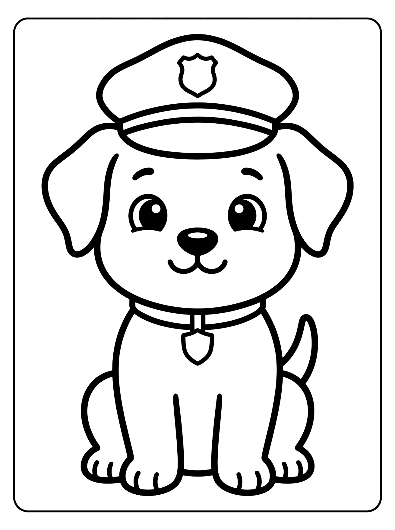 Smiling cartoon puppy sitting in a police cap with a badge and a shield tag on its collar, paw patrol coloring page