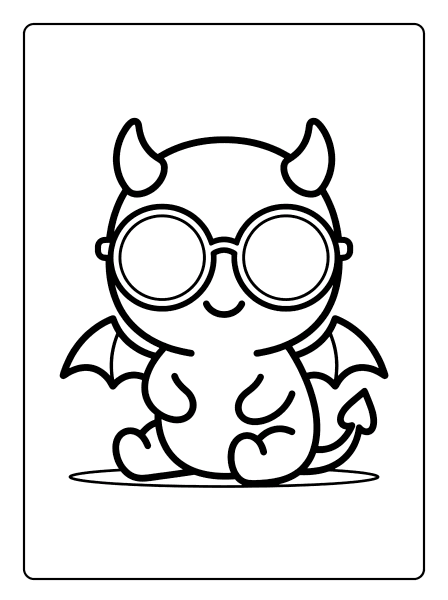 Cartoon demon with small horns, round glasses, bat wings and a curly tail sitting, black outline kpop demon coloring page