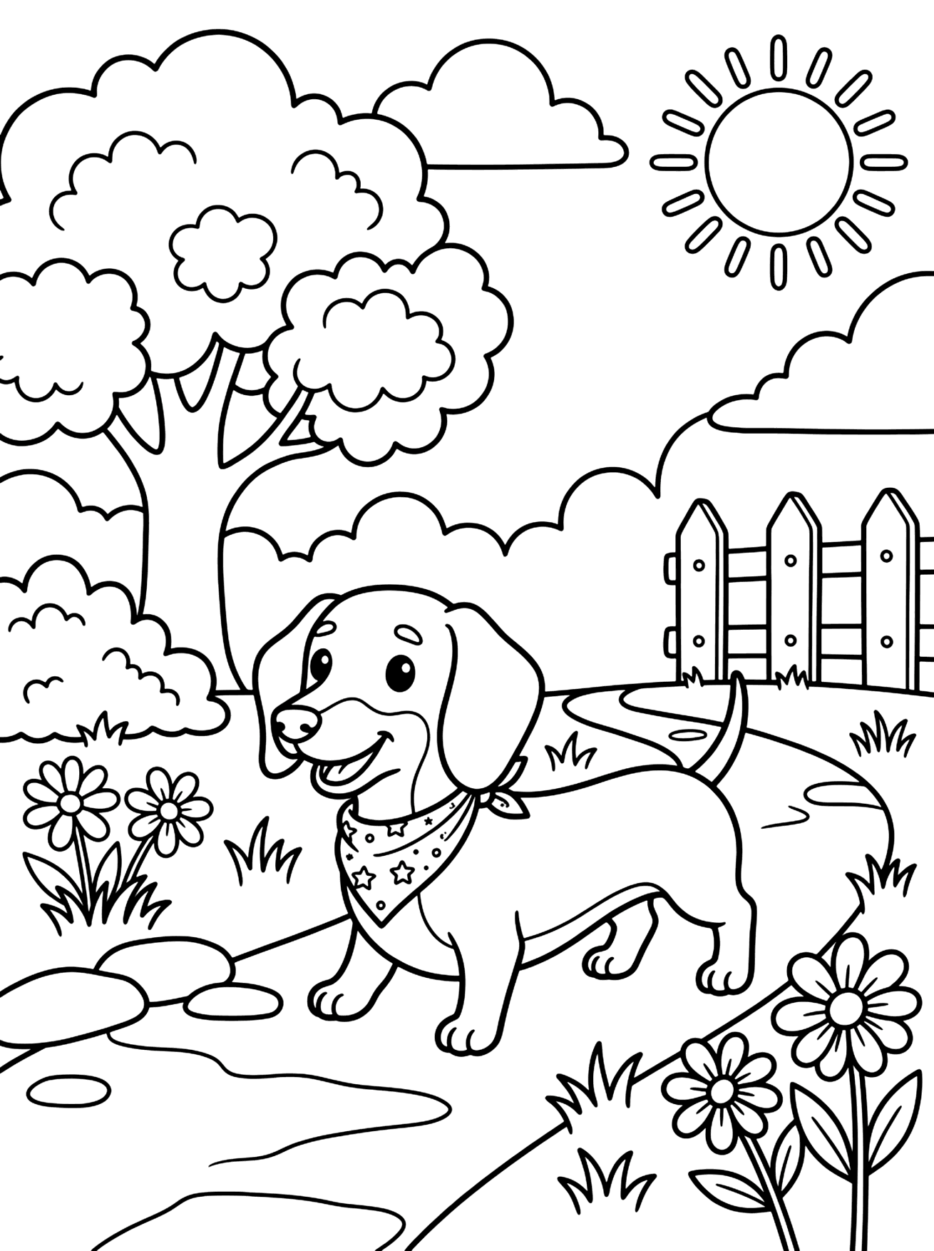 Dachshund Wearing Bandana Walking dog coloring page for kids