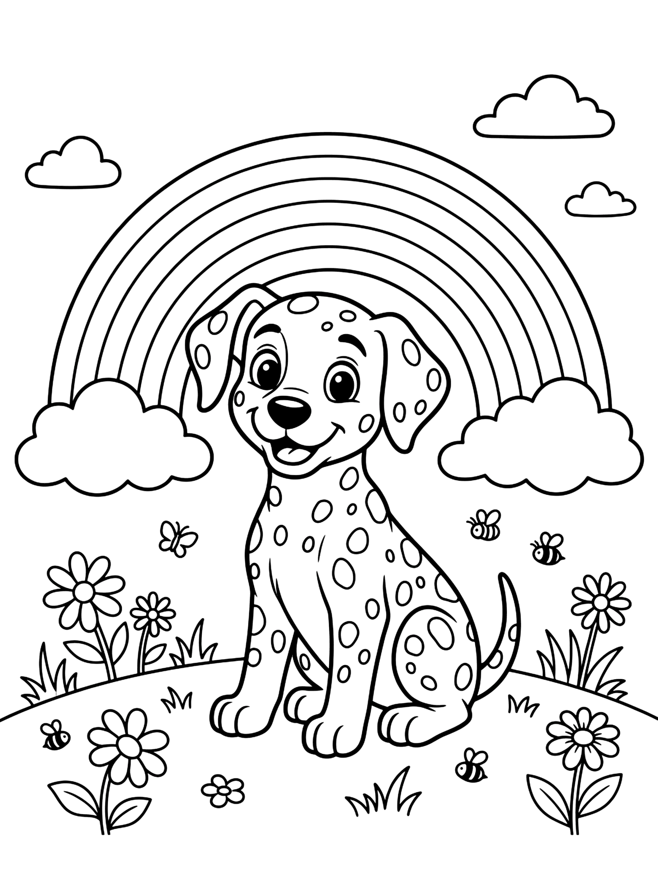Dalmatian Sitting Under Rainbow dog coloring page for kids