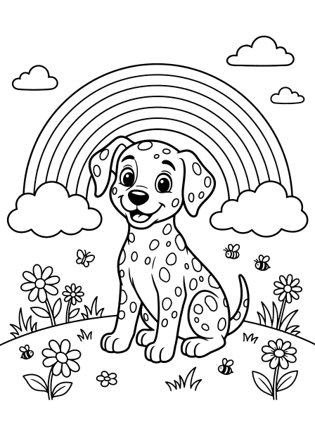 Dalmatian Sitting Under Rainbow dog coloring page for kids