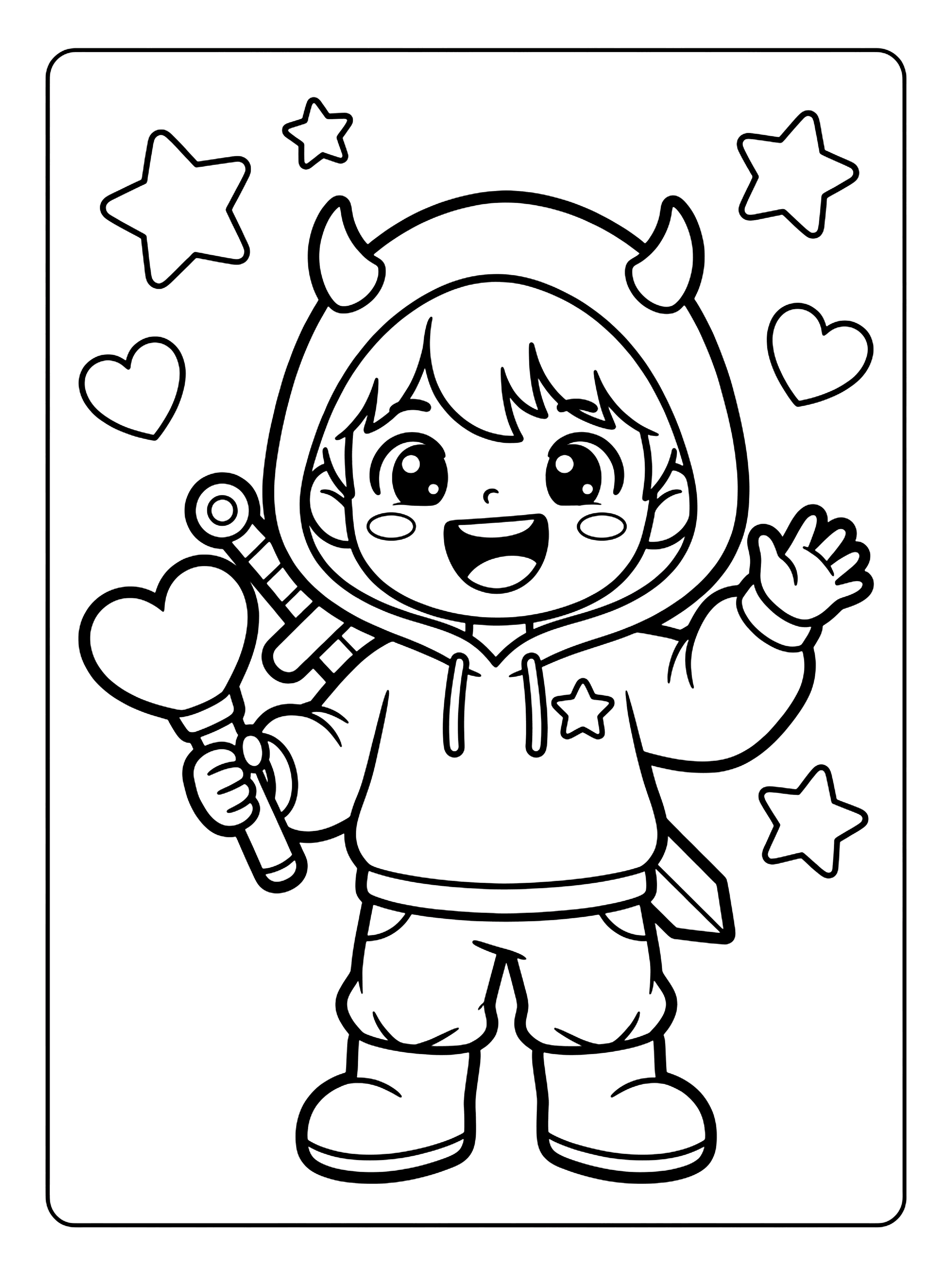 Chibi kid with horns on hood, holding a heart light stick and waving, with stars and hearts kpop demon coloring page