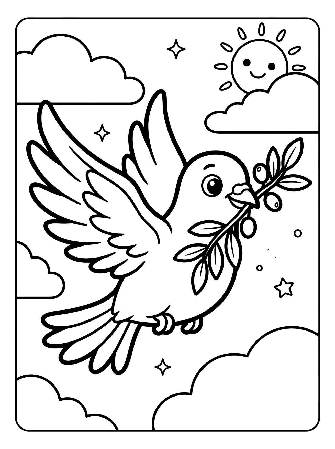 Cartoon dove flying through the sky with an olive branch bird coloring page