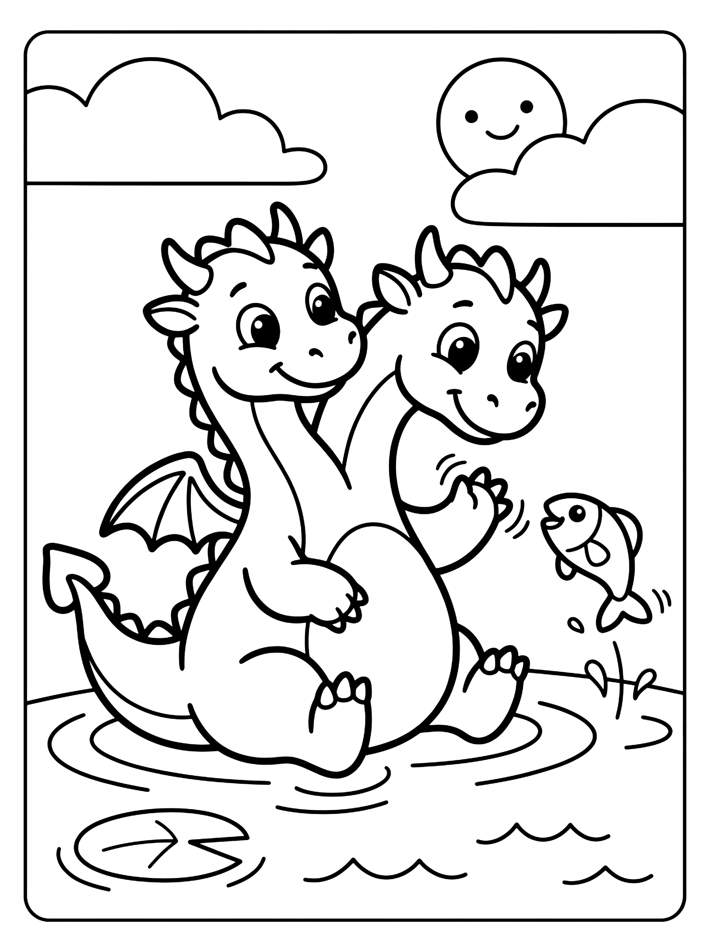 Two cartoon baby dragons sit in a pond with a jumping fish, a lily, black outline how to train your dragon coloring page