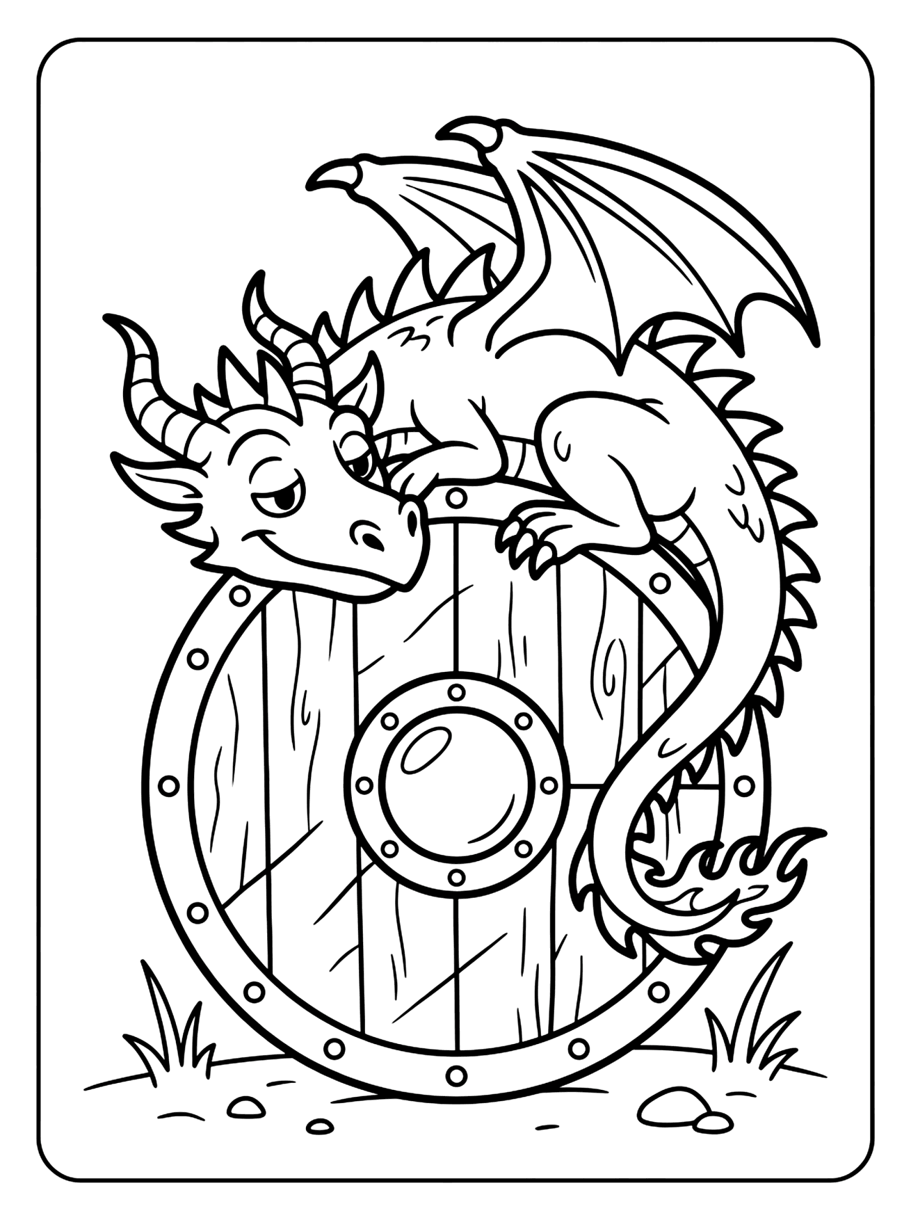 Cartoon dragon with horns and spiky wings resting on a round wooden shield with, how to train your dragon coloring page