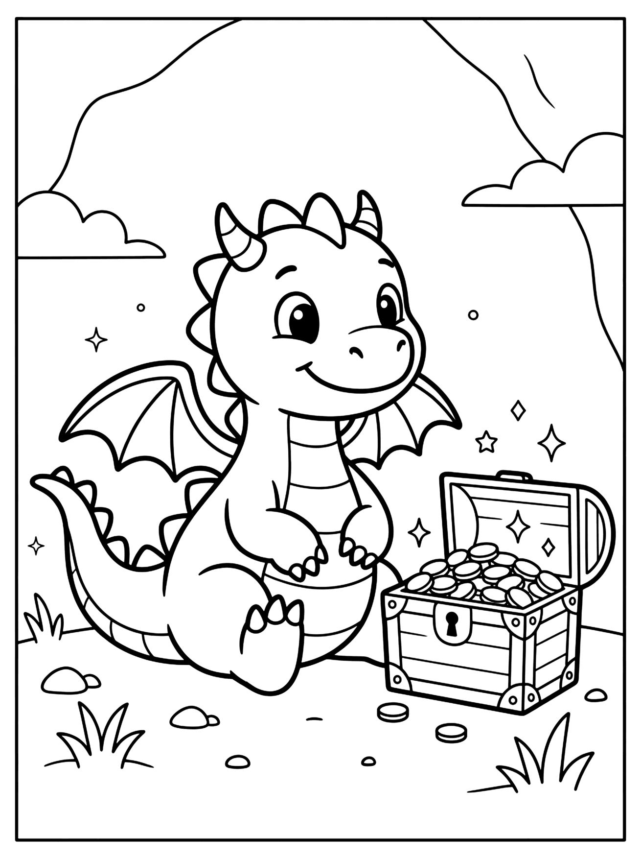 Cartoon baby dragon sitting beside an open treasure chest full of coins, with, how to train your dragon coloring page