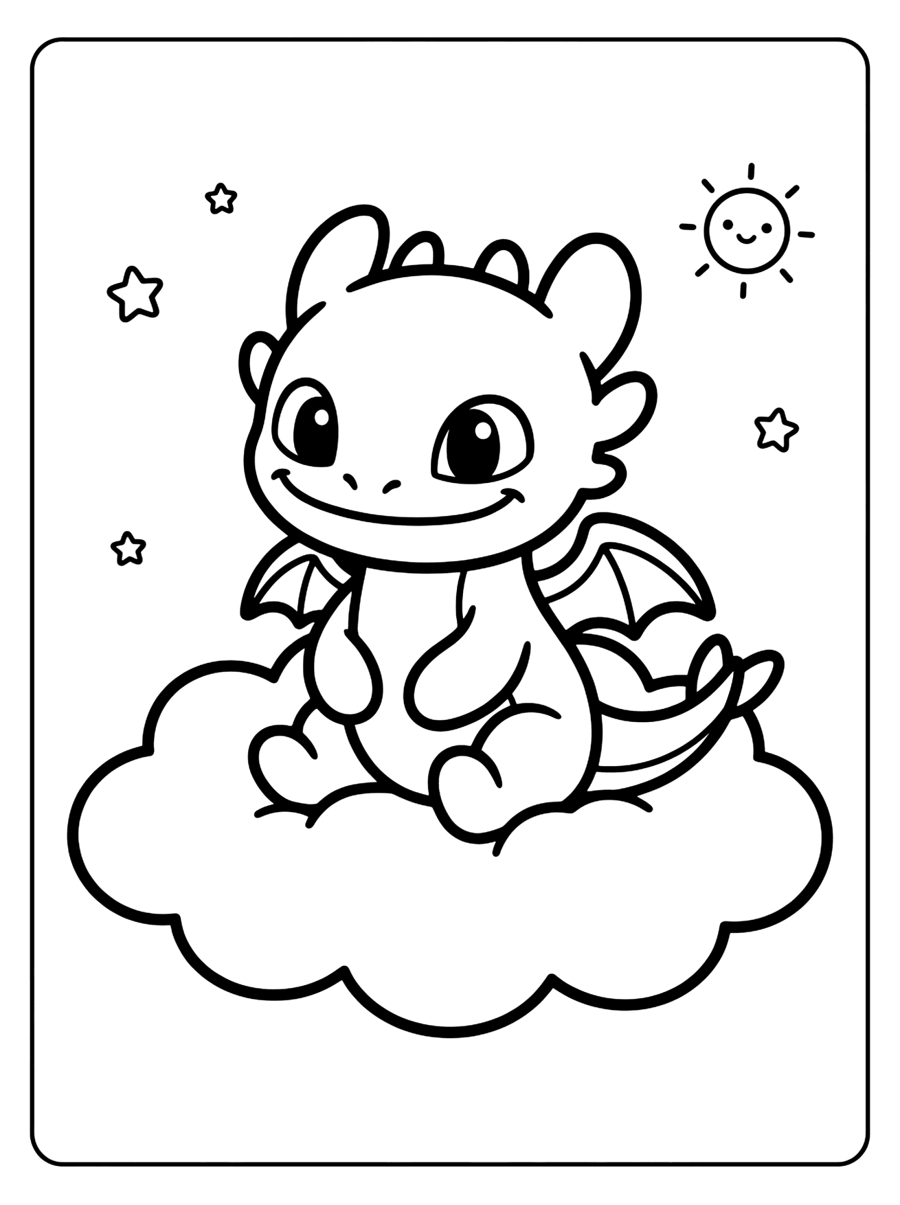 Line drawing of a smiling baby dragon sitting on a cloud with stars and a sun, how to train your dragon coloring page