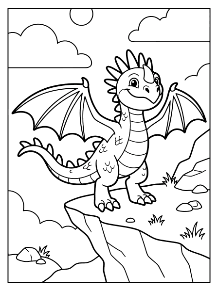 Black outline of a smiling cartoon dragon with spread wings standing on a cliff edge, how to train your dragon coloring page