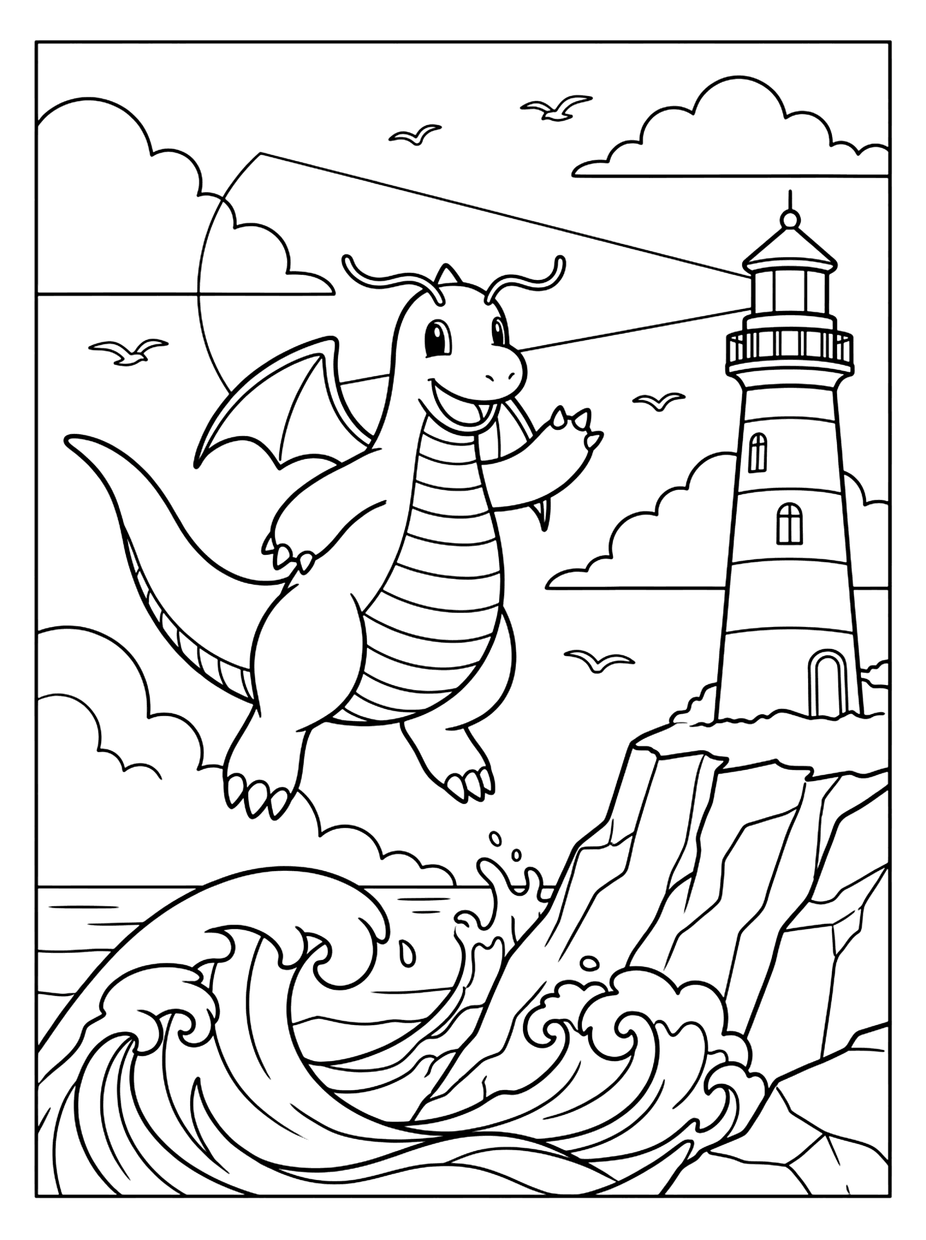Dragonite flying over ocean waves beside a striped lighthouse on a cliff, pokemon coloring page