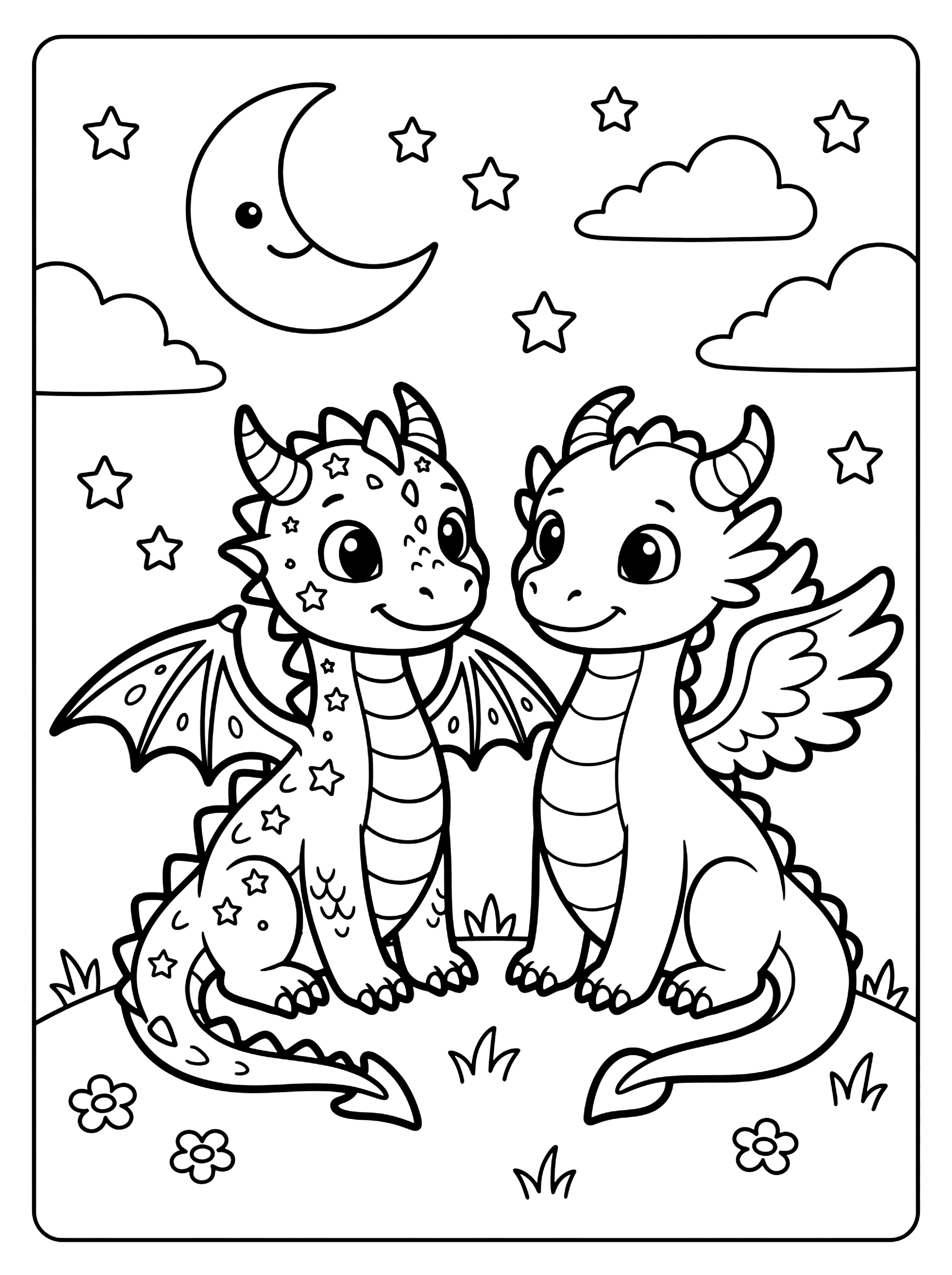 Two smiling baby dragons sitting on a grassy hill under a crescent moon and stars, how to train your dragon coloring page