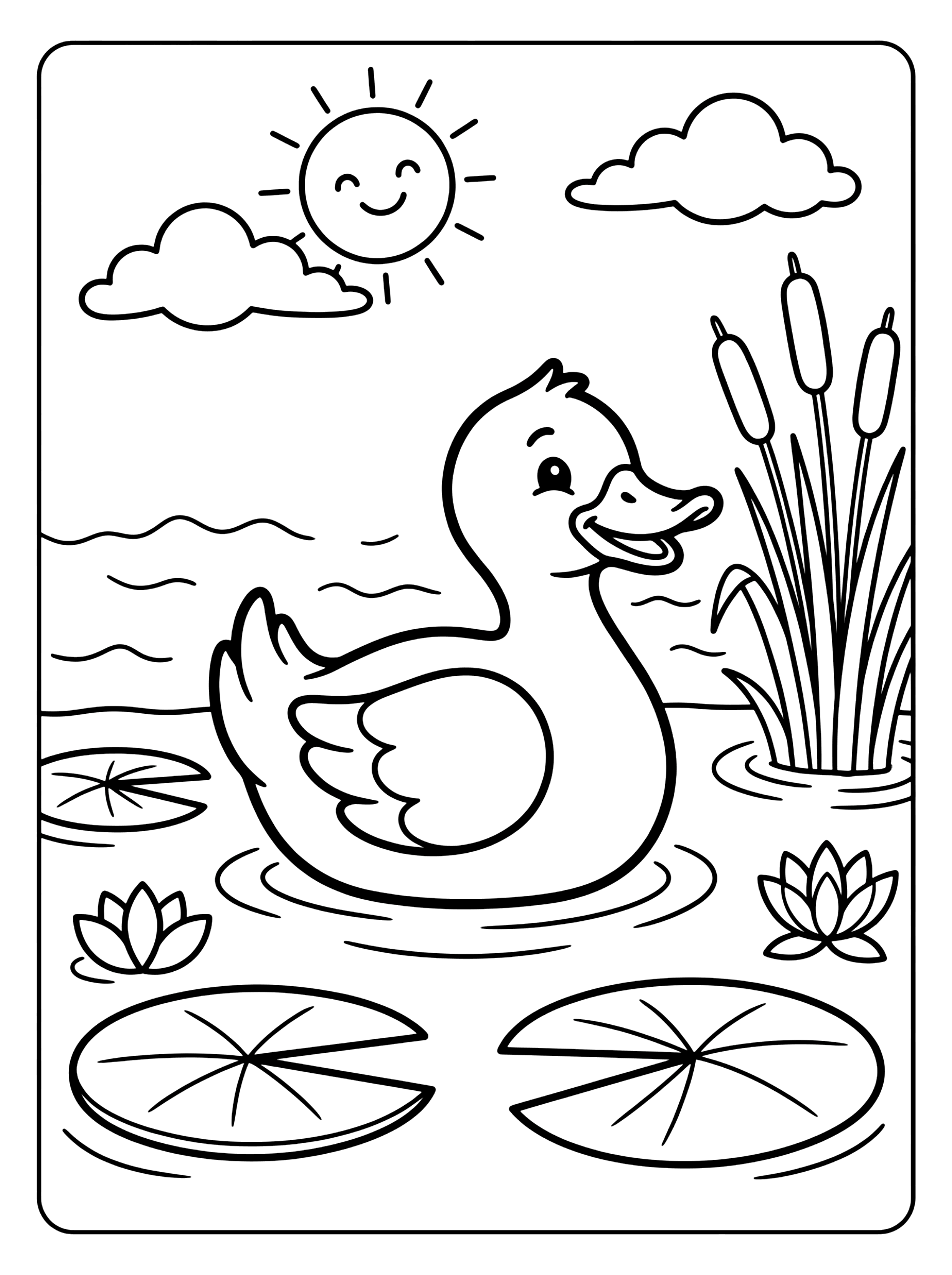 A cute duck floating in a pond with lily pads, cattails, and a smiling sun bird coloring page