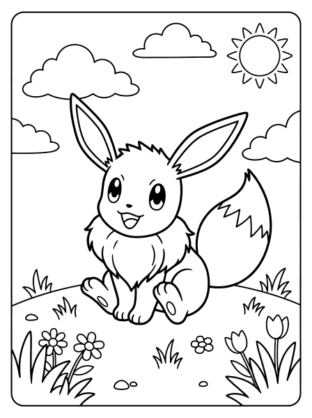 Eevee sitting on a grassy hill with a big smile and bushy tail, clouds and sun above, pokemon coloring page