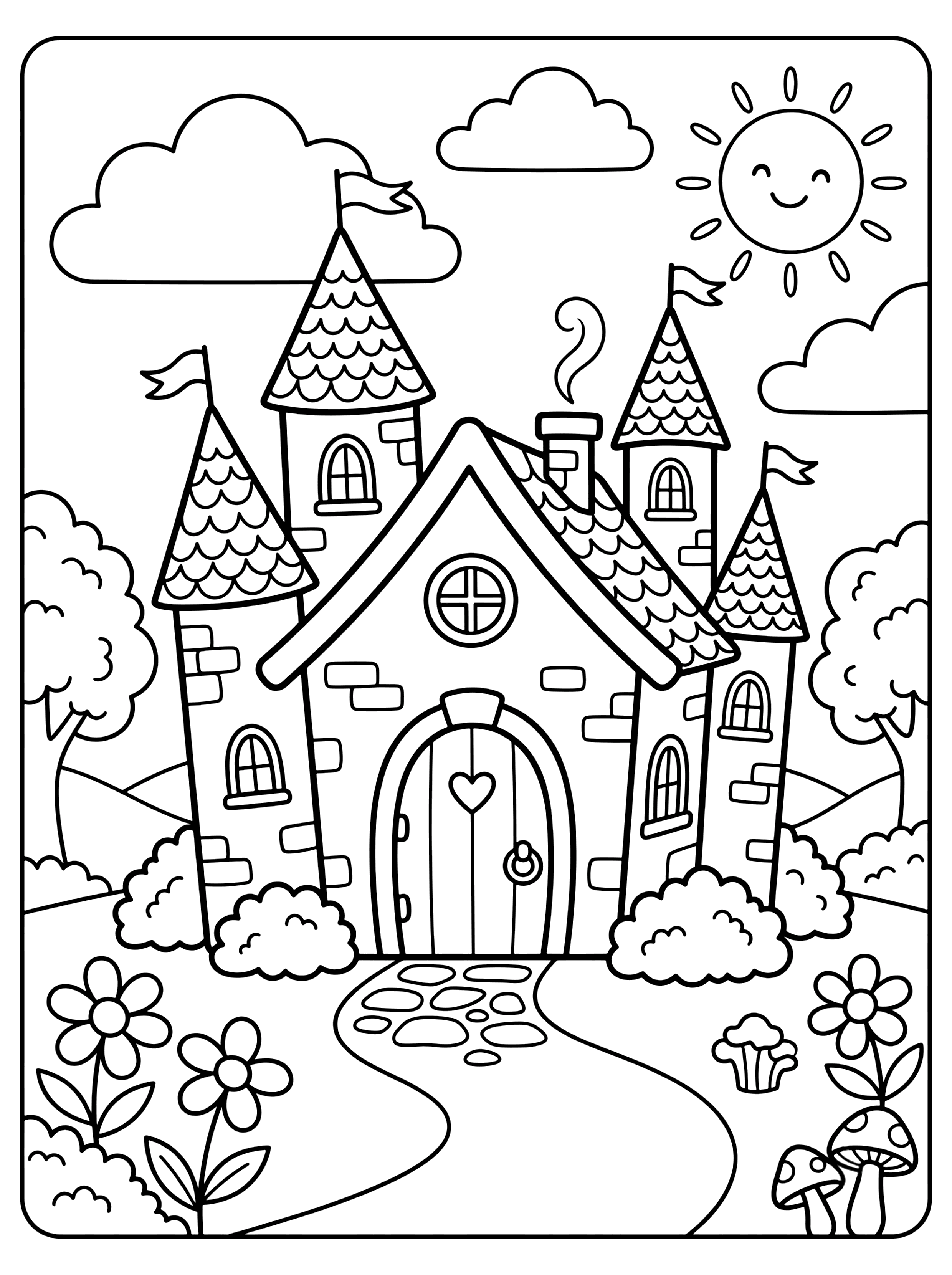 Line drawing of a fairy tale castle with pointed towers, flags, a smiling sun, and a, houses and buildings coloring page